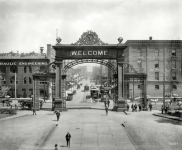 Denver Colorado circa  Welcome arch at Union Depot looking down th Street